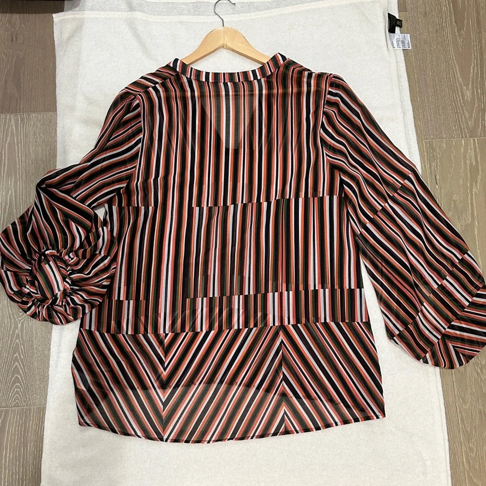 CAbi long sleeved, v-neck, striped sheer pullover‎ blouse. Navy, red, green. - Picture 10 of 12